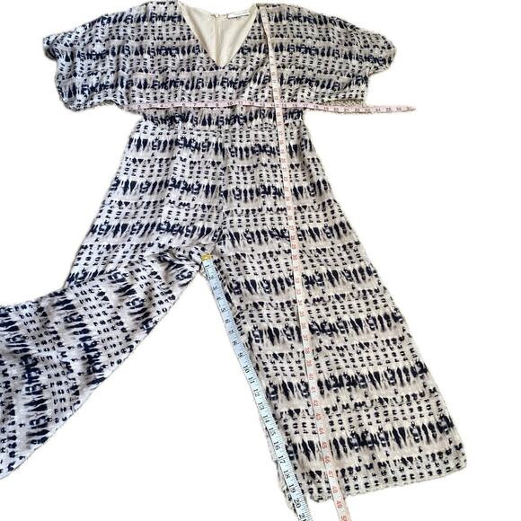 LAVENDER BROWN Ikat Print Belted Wide Leg Flutter Sleeve Jumpsuit Size M Black - Picture 13 of 13
